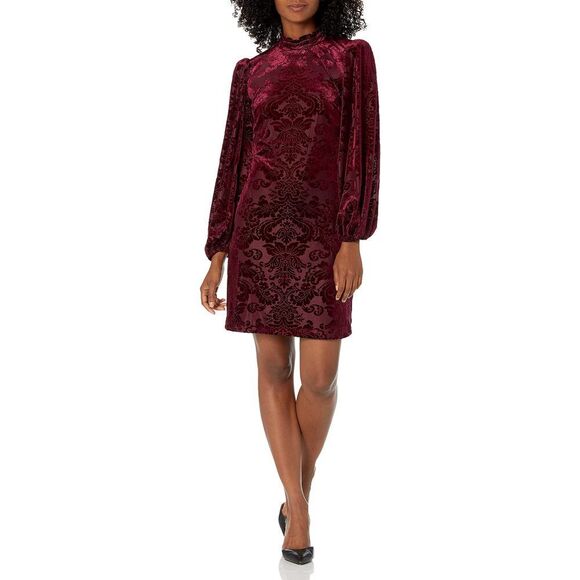 Vince Camuto Women's Velvet Burnout Shift Dress With Voluminous Sleeves 14 Wine